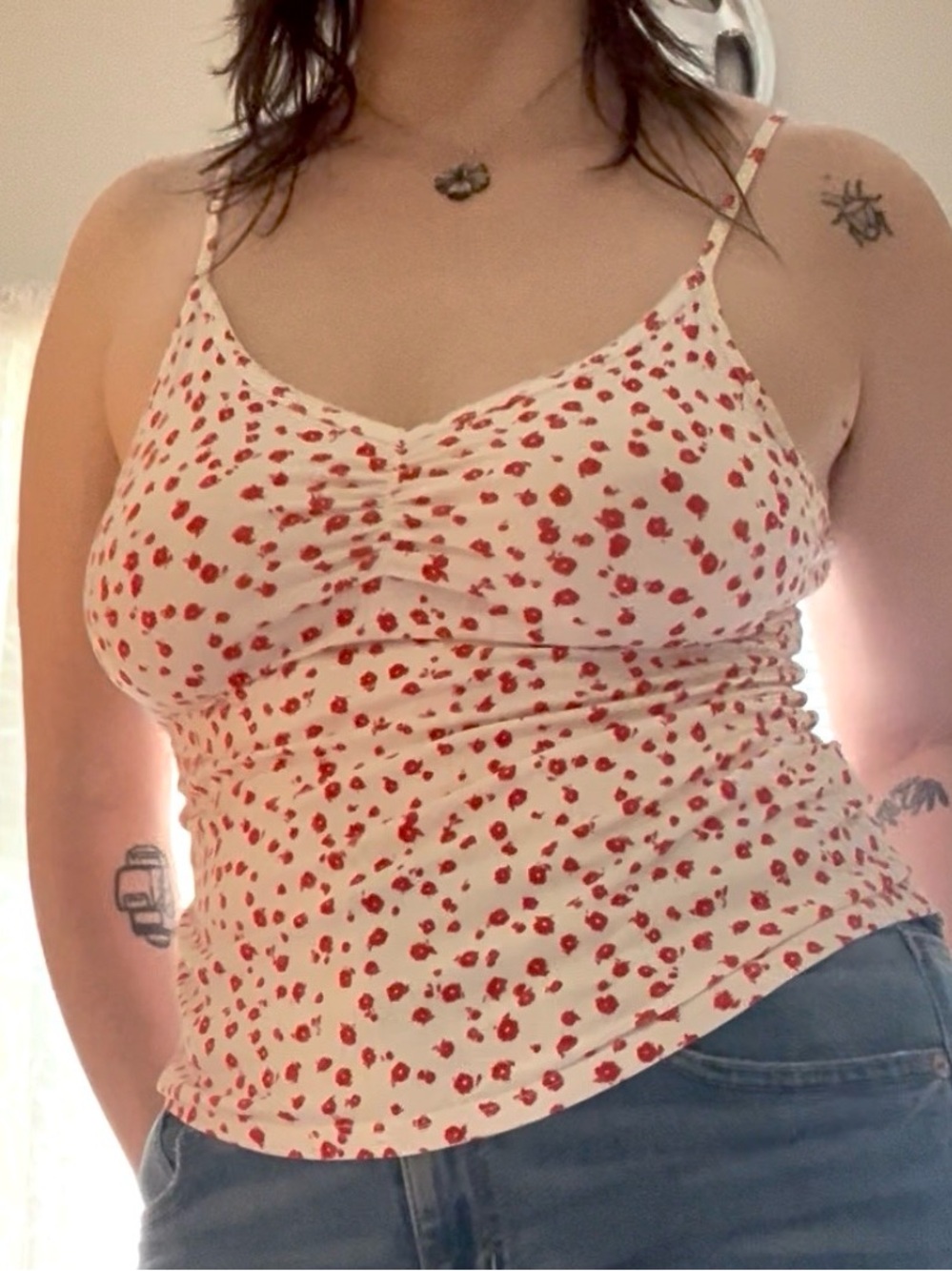 Red and white cherry blossom print tank